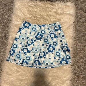 Blue & White Floral Print Mini Skirt